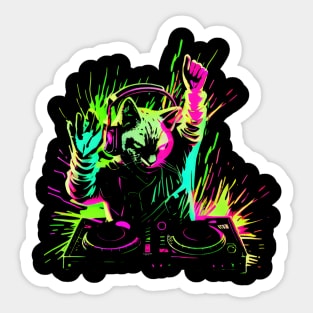 Cat DJ Decks 80's 90's Retro Neon Clubbers Rave Party #2 Sticker